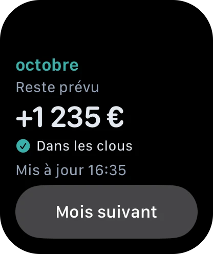 Vue exemple de l’Apple Watch : octobre, environ +1 235 € de reste, dans le plan, mis à jour à 16 h 35, bouton « Mois suivant »