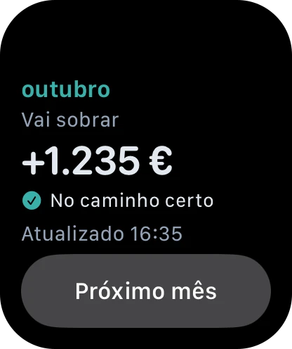 Visualização de exemplo do Apple Watch: outubro, vai sobrar +1.235 euros, dentro do plano, atualizado às 16:35, botão “Próximo mês”